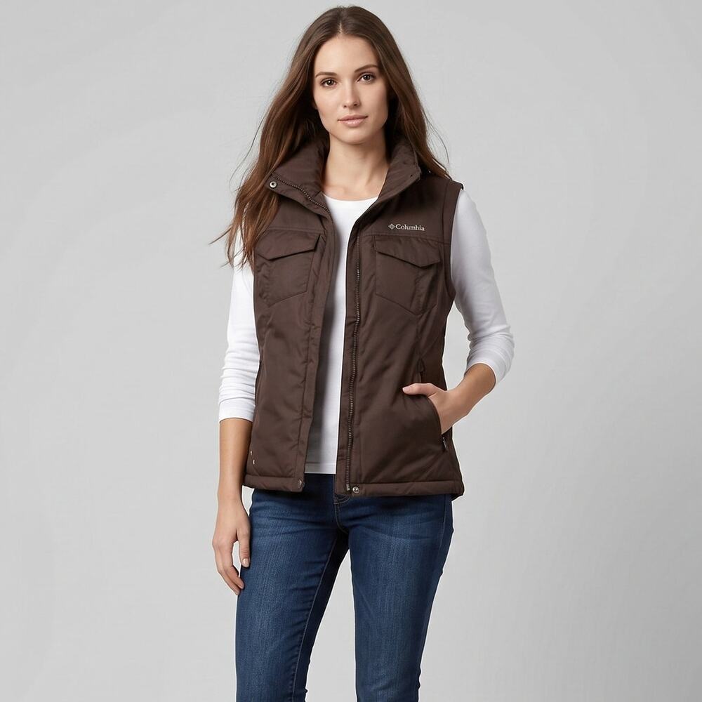 Columbia Womens Puffer Vest Brown Size L Insulated Full Zip Snap Flap Outdoor